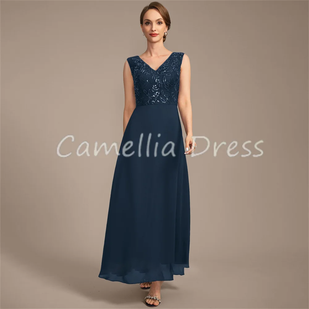 New V-Neck Mother Of The Bride Dress Ankle-Length Chiffon Lace Sequin A Line Formal Dresses Vestidos Mae Da Noiva Casamentos