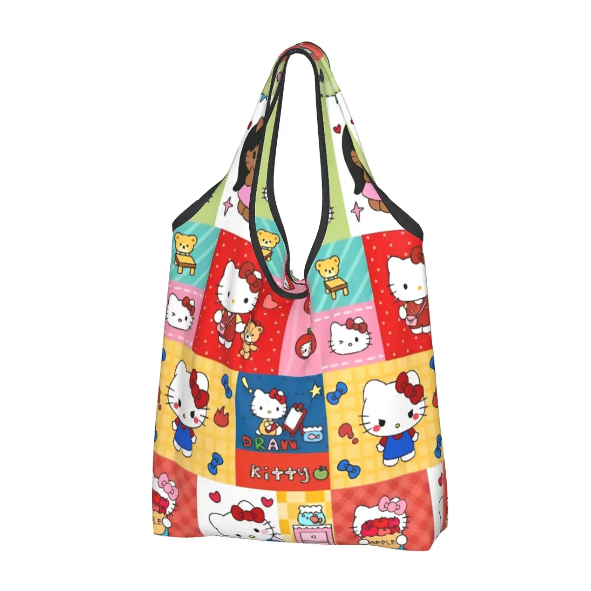 

Reusable Hello Kitty Kawaii Cartoon Grocery Bags Foldable Machine Washable Shopping Bag Large Eco Storage Bag Attached Pouch