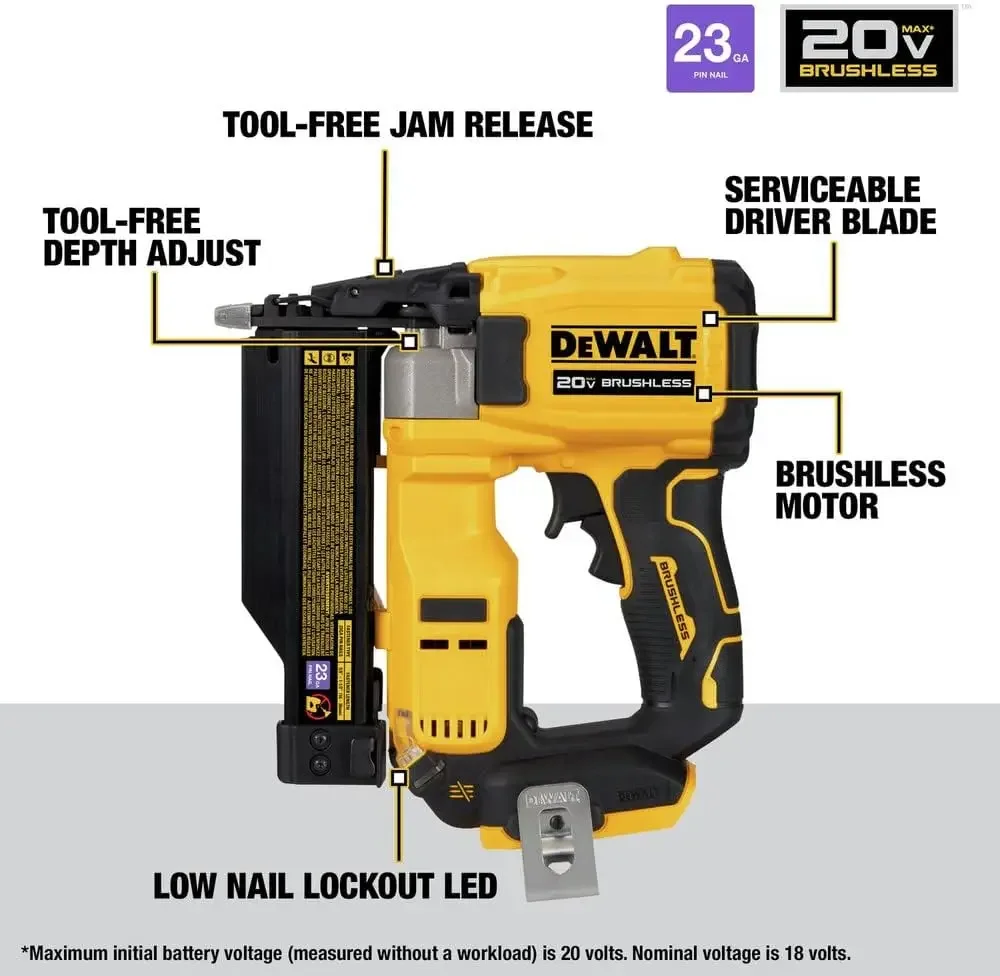 DEWALT ATOMIC 20V MAX tanpa sikat tanpa kabel 23 Ga. Pemasang paku, hanya alat kosong (DCN623B)