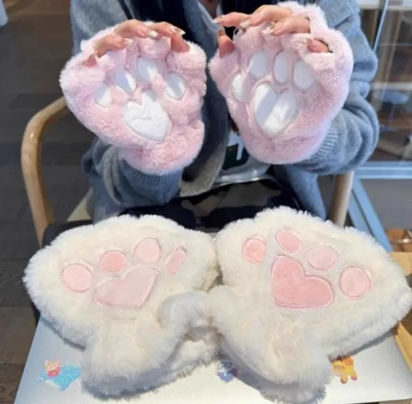 Y2K Women Pink Cute Cat Claw Paw Plush Mittens Warm Plush Short Fingerless Fluffy Bear Cat Gloves Costume Half Finger Party Gift