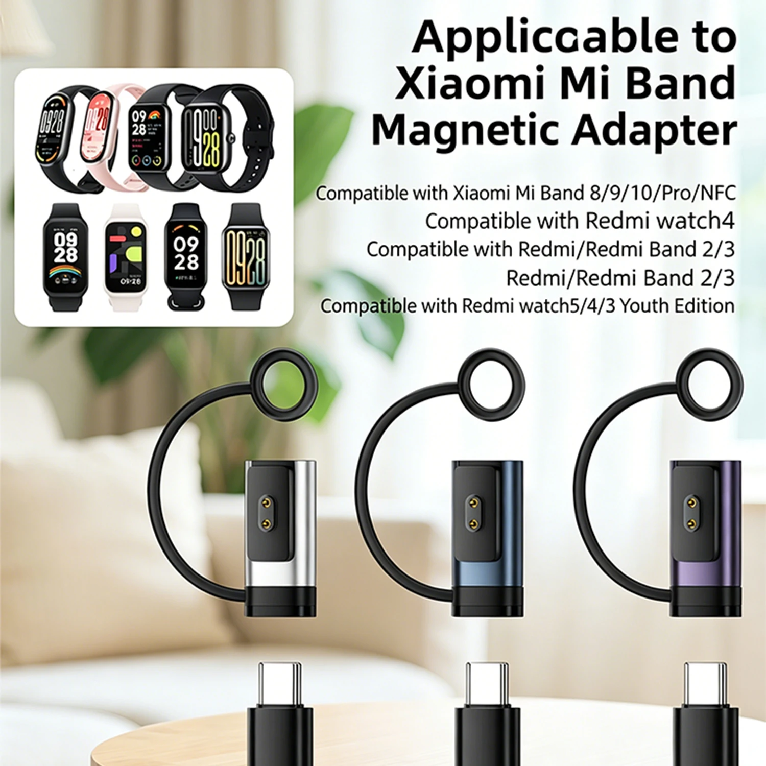 Magnetic Charging Adapter for Xiaomi Band 8/9/10/Pro/NFC, Redmi Watch 4/5/Band 2/3 USB C Converter with Anti-Lost Lanyard