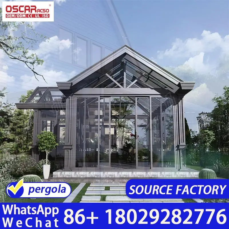 Four Season Aluminum Glass Slant Roof Sunroom Energy Efficient UV Protected Winter Garden Patio Enclosure Backyard Terrace Green