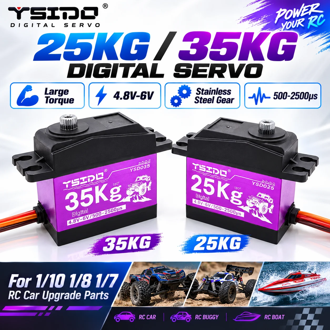 YSIDO 25kg 35KG Digital Servo Large Torque 4.8V-6V Servo Stainless Steel Gear 500-2500μs for 1/10 1/8 1/7 RC Car Upgrade Parts
