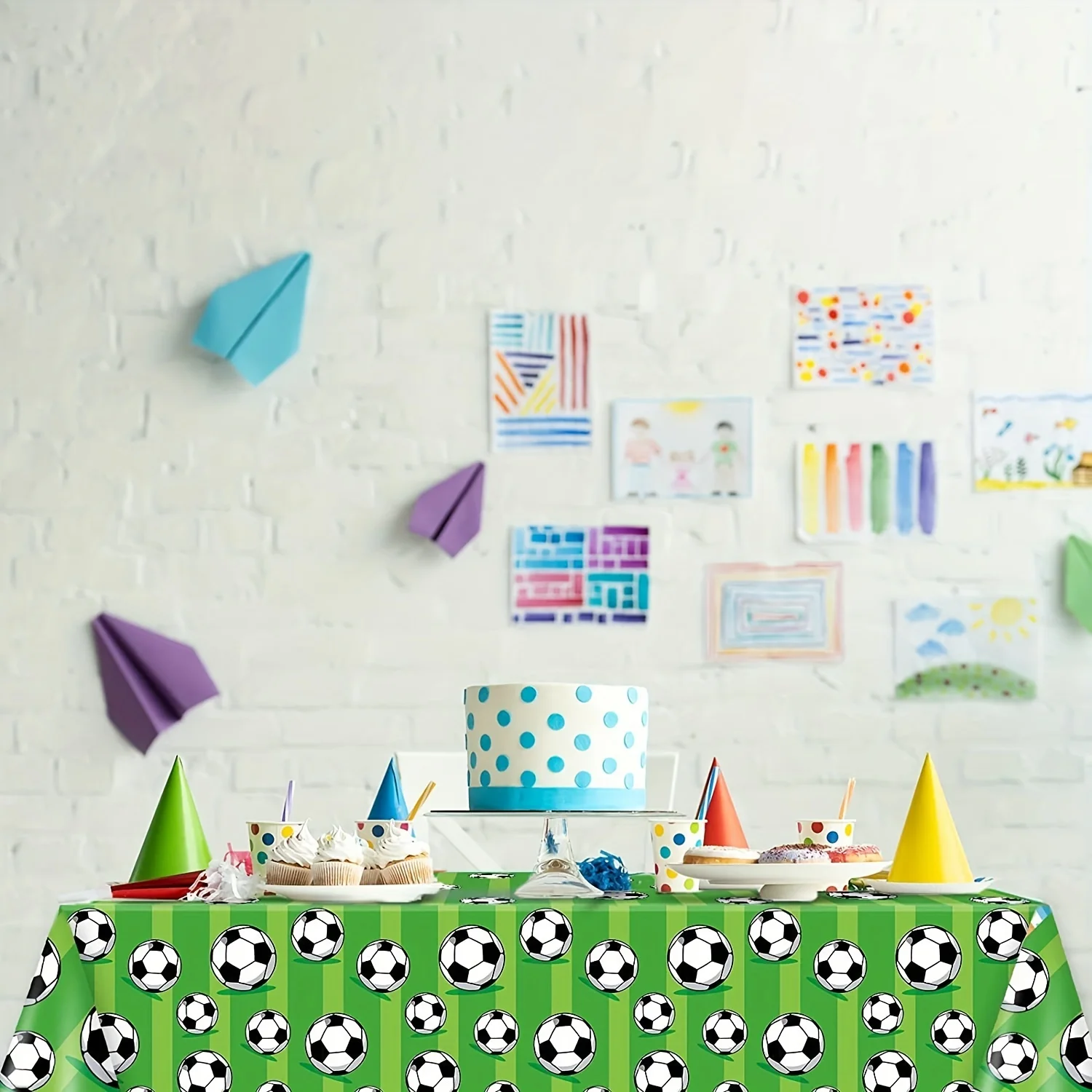 1pcs Soccer Themed Green Disposable Tablecloth Football Field Striped Tablecloth Boys' Birthday Party Single Party Outdoor Event view 3