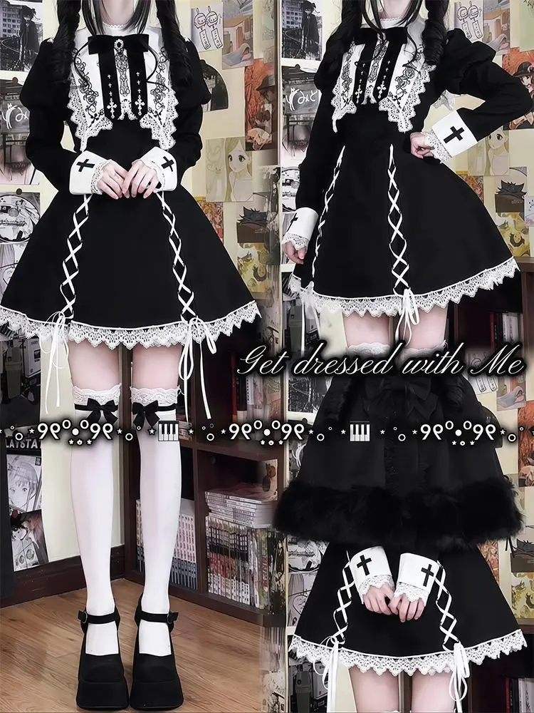 블랙 윈터 로리타 드레스 세트 따뜻한 케이프와 스퀘어 넥 드레스 허리 슬림 고딕 스위트 로리타 의상 우아한 클래식 스타일 세트