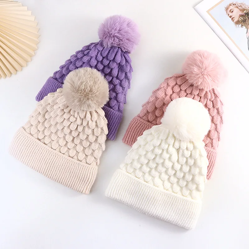 Woolen Hat Women's New Autumn and Winter Fishscale Woven Flower Adult Solid Color Hairball knitted Hat Warm and Cold Woolen Hat