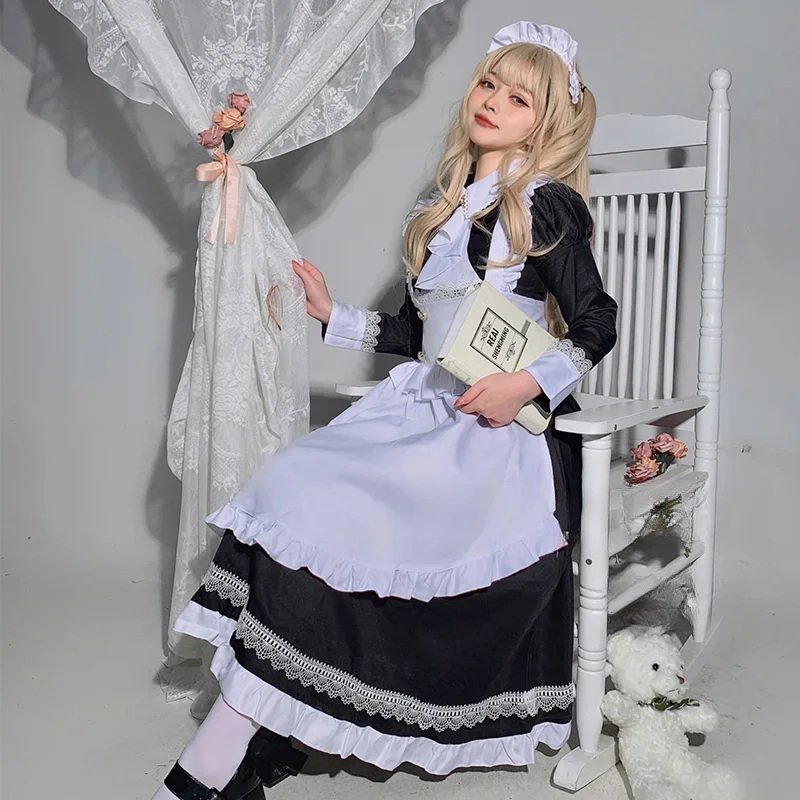 Disfraces de Cosplay de aristocracia británica para mujer, vestido de sirvienta de manga larga, encaje Kawaii japonés, uniforme de camarera de café, talla grande