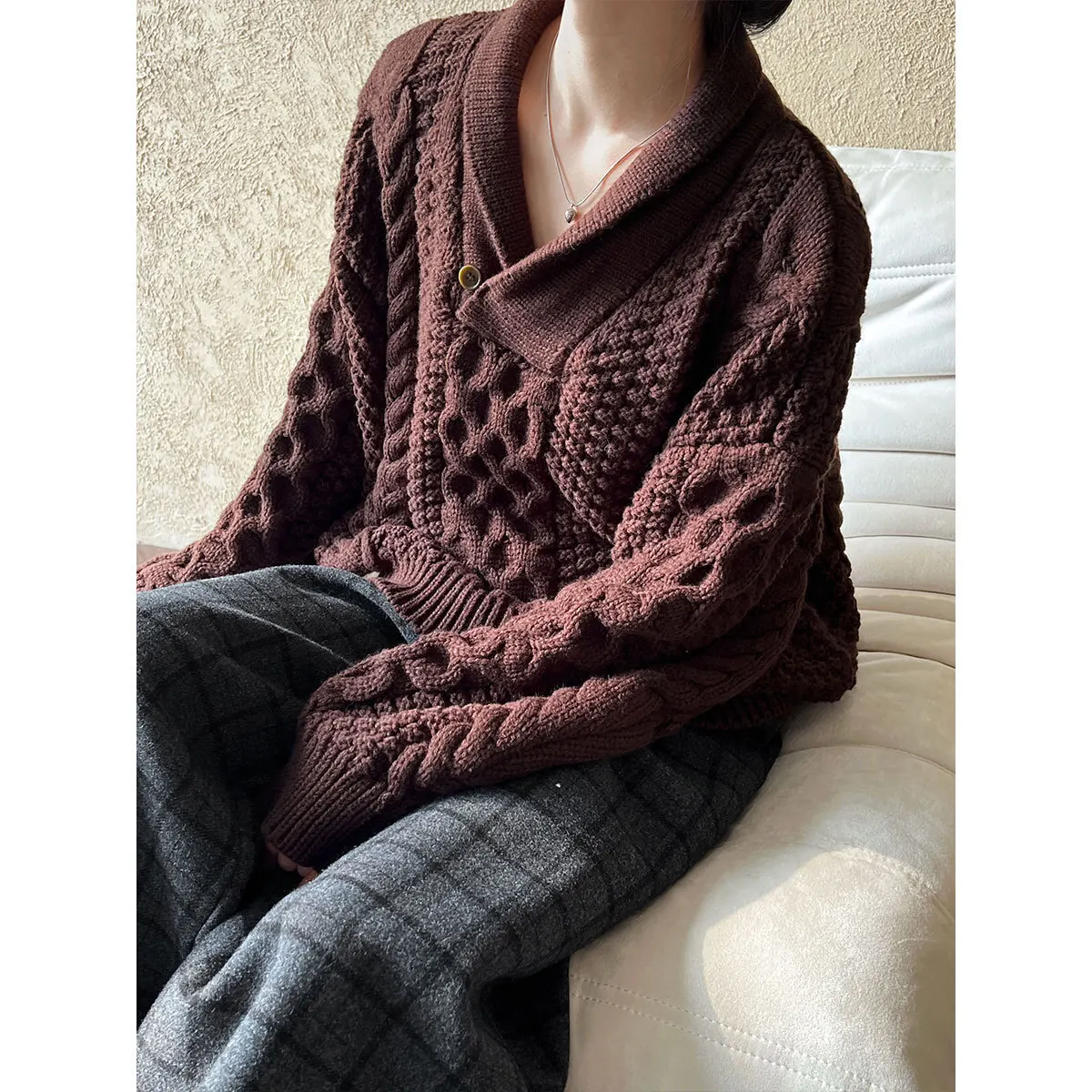 Collar Fried Dough Twists Pullover Sweater Women's Winter Loose Knit Top