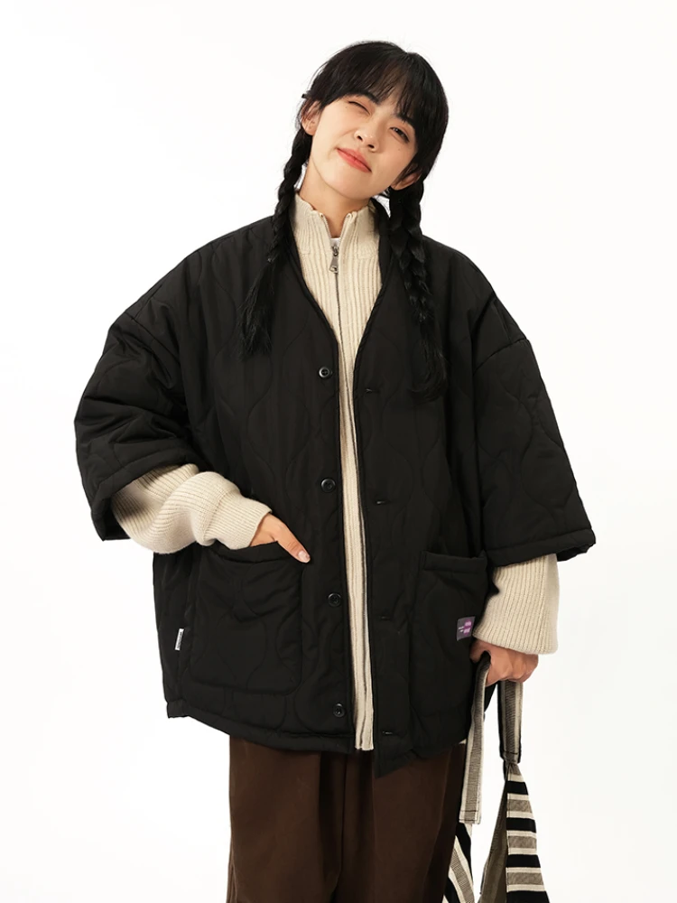 Jaqueta cargo larga larga para homens e mulheres, parka japonesa de meia manga vintage, grade de cabaça acolchoada, casaco de algodão quente, tops para casal, inverno