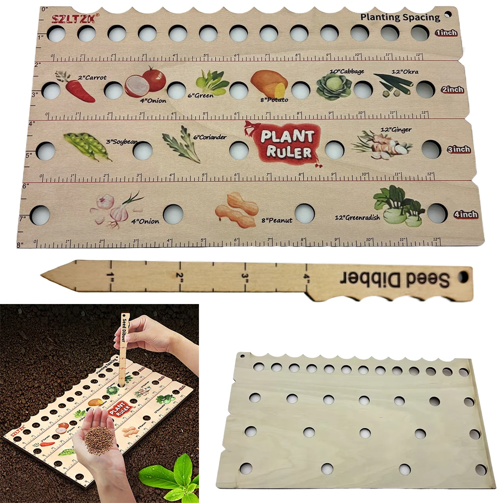 Wooden Plant Ruler with Seed Dibber Multifunction Seed Spacing Ruler Portable Garden Ruler with Plant Dibber with Planting Guide