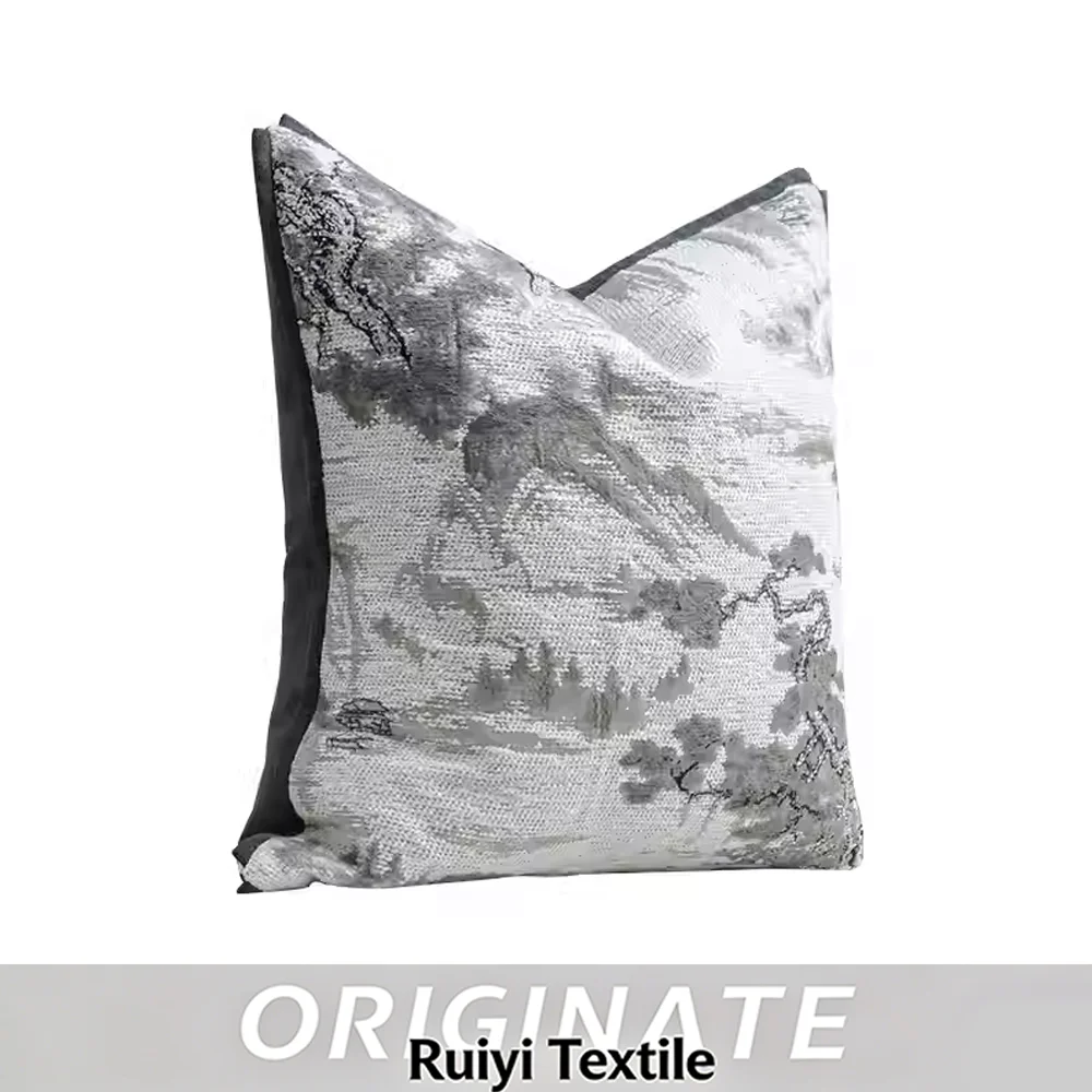 Oriental Ink Wash Mountain Landscape Pillow Cover Thin Black Piping Jacquard Textured Square Cushion Cover New Chinese Home Dec