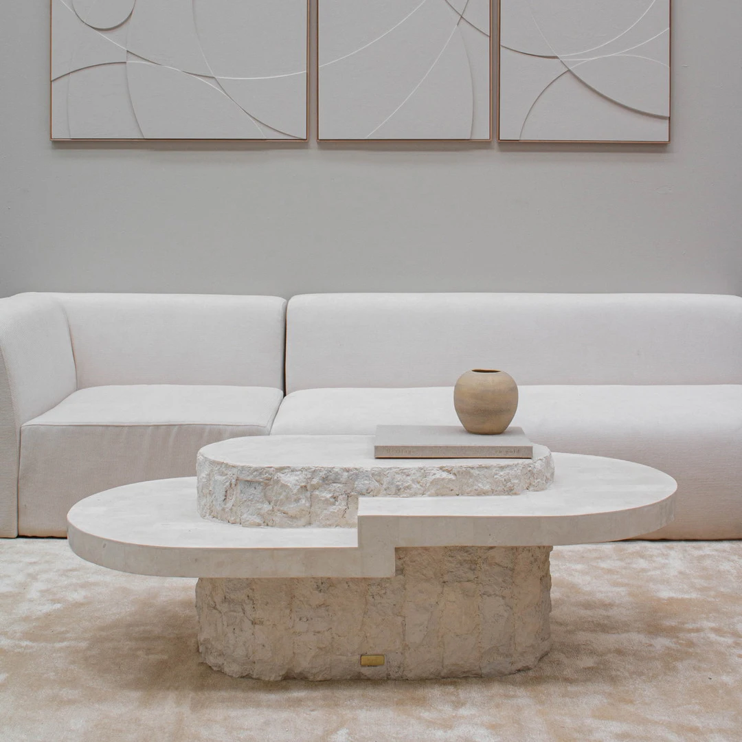 

For Boutique Showroom Heat & Scratch Resistant Customizable Roman Wabi-Sabi Oval Table Stone Look Fiberglass