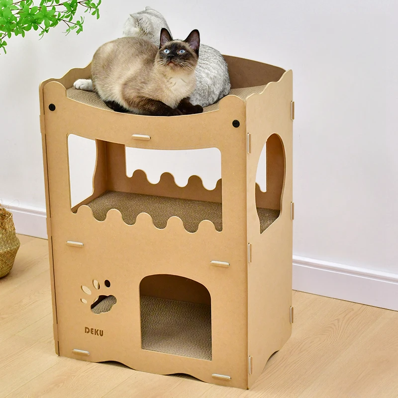 Cat House Wooden House with Scratching board Cardboard Durable cat scrtcher cat scratching lounge cat bed