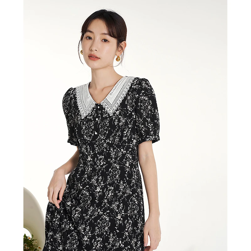 Toyouth Women Dress 2023 Summer Short Sleeve Hollow Embroidered Lapel A-shape Full Floral Print Pure Cotton Vintage Chic Skirt