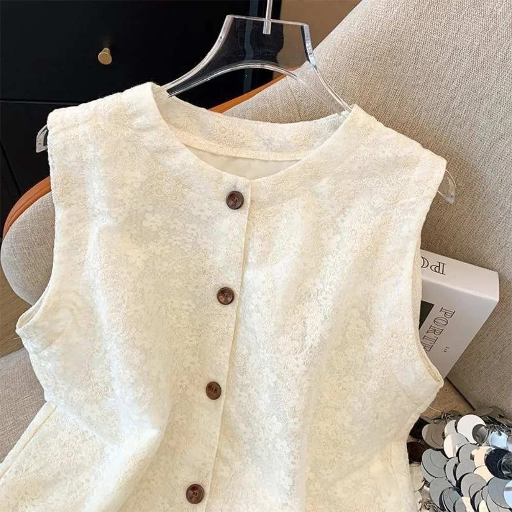 Versatile O-Neck Lace Vest Solid Color Single Breasted Waistcoat Cardigan Sleeveless Jacquard Pattern Vest Jacket Spring Autumn