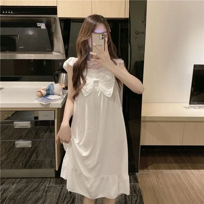 Short Sleeve Pajamas Dress Solid White Sleepwear Summer Sexy Lingerie Korean Fashion Pijama Casual Home Nightgown Female Dresses