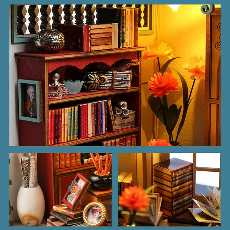 DIY Book Nook Kit, 3D Wooden Puzzle Bookend Kit, Bookends Model Build-Creativity Kit with LED Light for Birthday A-A32R
