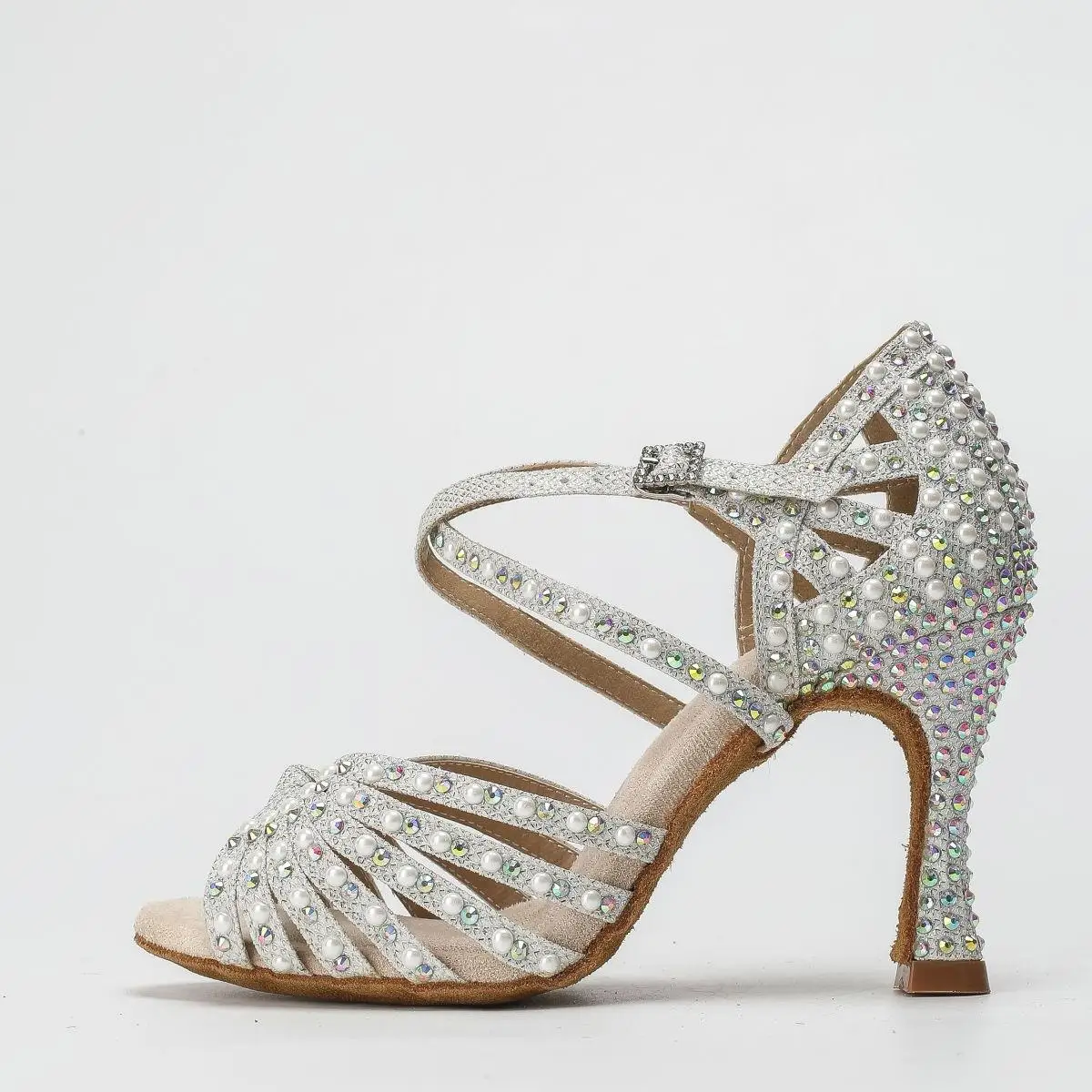 Ailove satin high Heels with rhinestone trim and ankle straps - elegant ballroom high heels for Latin and salsa dancing