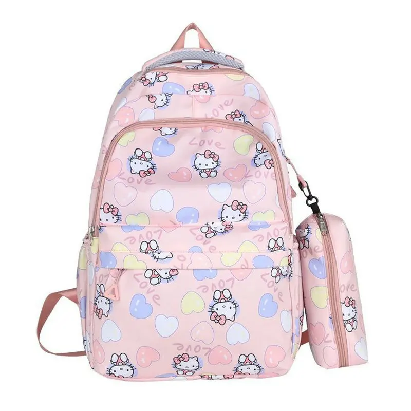 Mochila Hello Kitty com Penbag para mulheres, bolsa de escola fofa dos desenhos animados, bolsa de grande capacidade para alunos do ensino médio