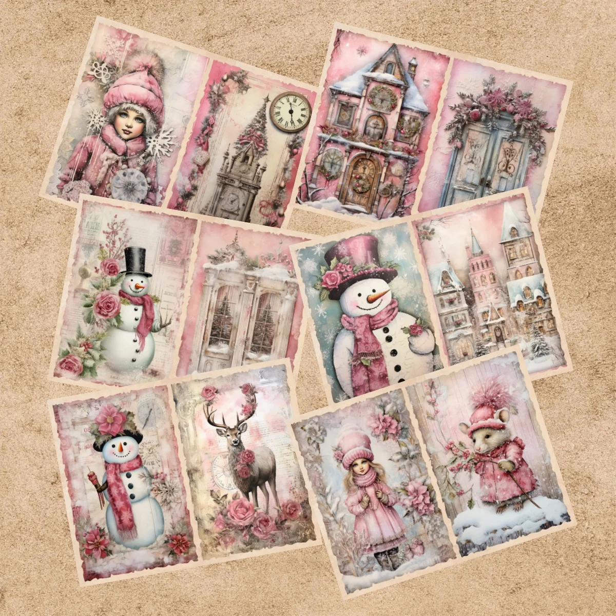 9 hojas tamaño A5 rosa Navidad muñeco de nieve Ángel fondo Vintage Grunge diario planificación Scrapbooking