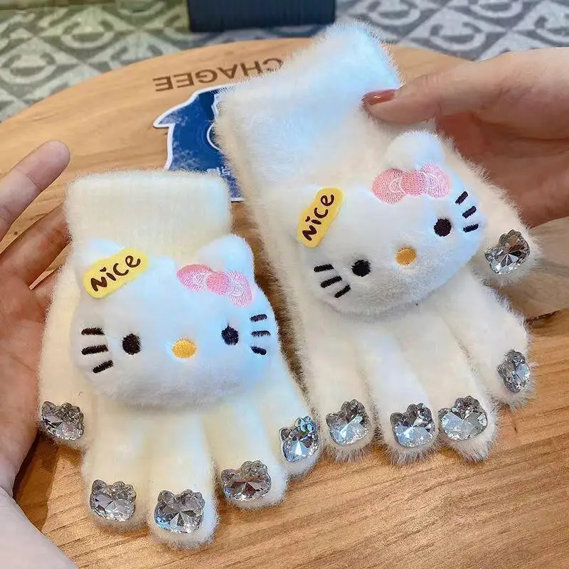 Детские перчатки Hello Kitty Sanrio, милые плюшевые теплые зимние перчатки Kt с бриллиантовыми украшениями, зимние подарки для детей