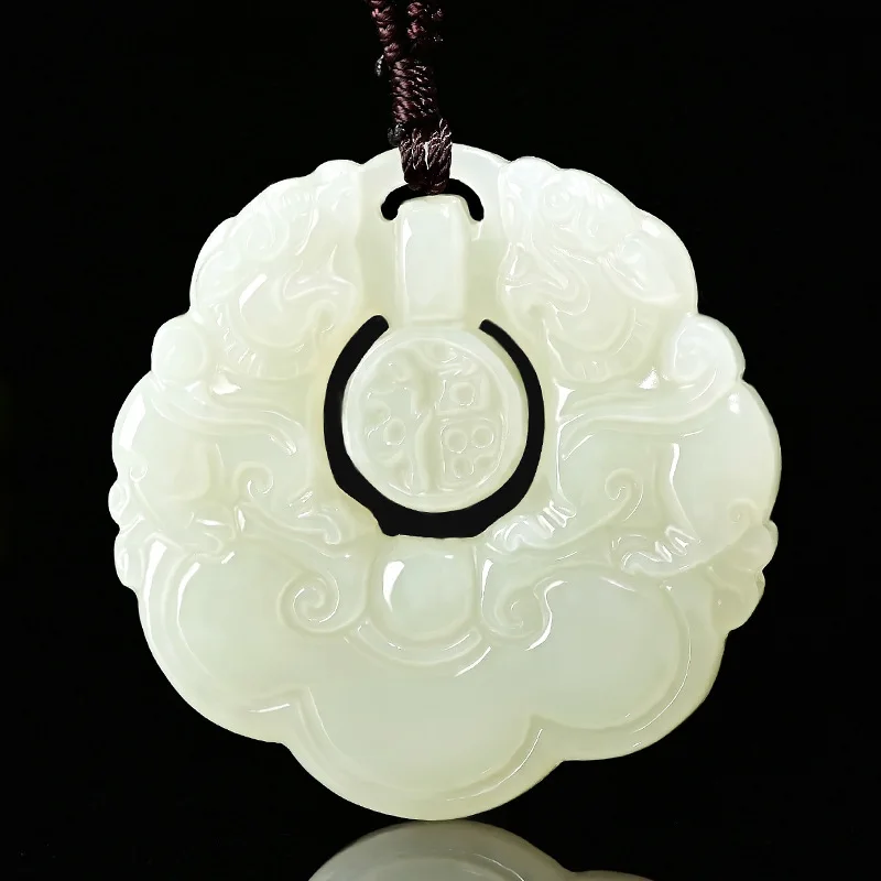 Hotan White Jade Pixiu Pendant With Carved Patterns, Amulet Peace And Fortune, Unisex Mascot Necklace