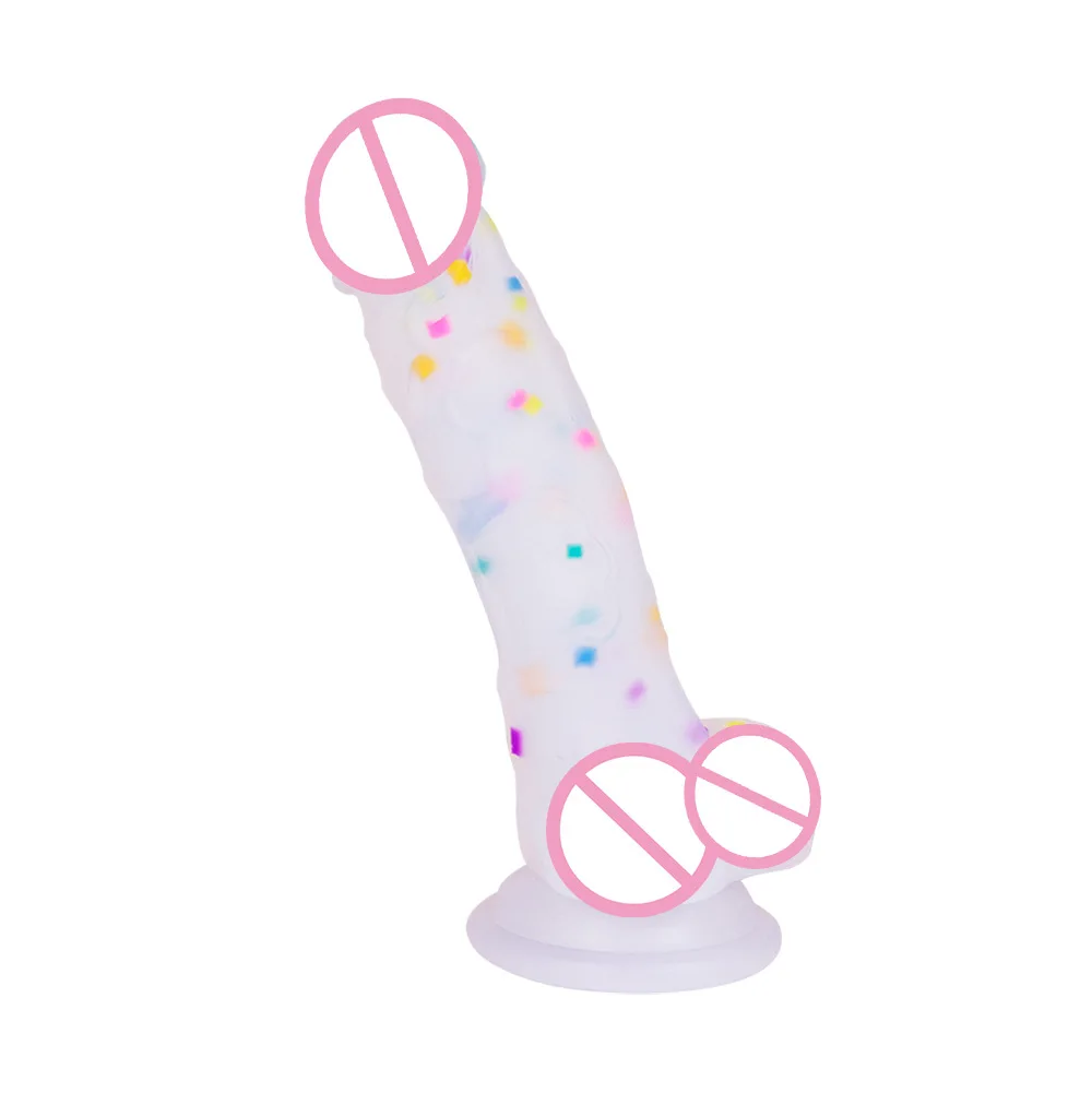 Realistic White/Transparent Silicone Dildo, Imitation Realistic Penis with Multicolor Confetti and Kawaii Suction Cup-LGBT Dildo