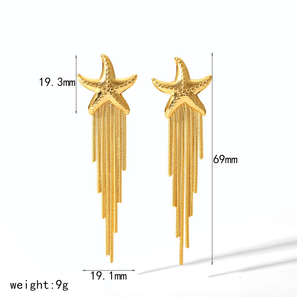 Women Fashion Elegant 18k Gold Plated Snake Chain Tassel Earrings Stainless Steel Dainty Starfish Stud Earrings for Women Gifts
