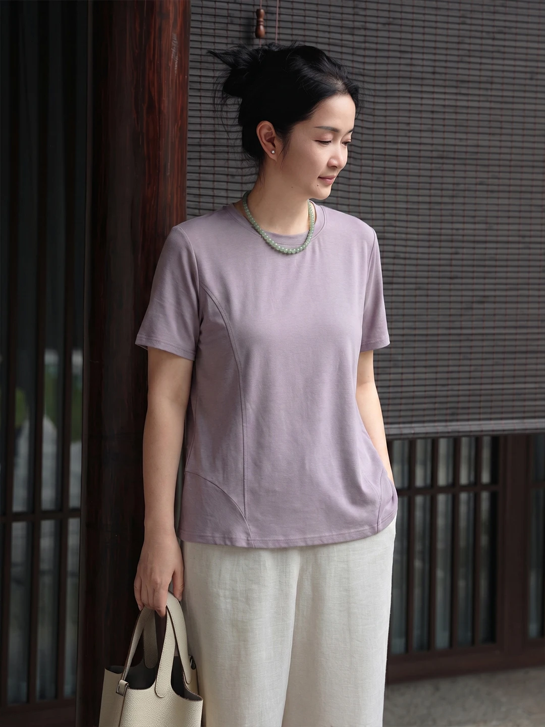 

Machine Washable Short Sleeve Women's T-Shirt Slim Fit Casual Thin Waist Shaping Summer Top Cotton Linen Blend Comfortable Br...