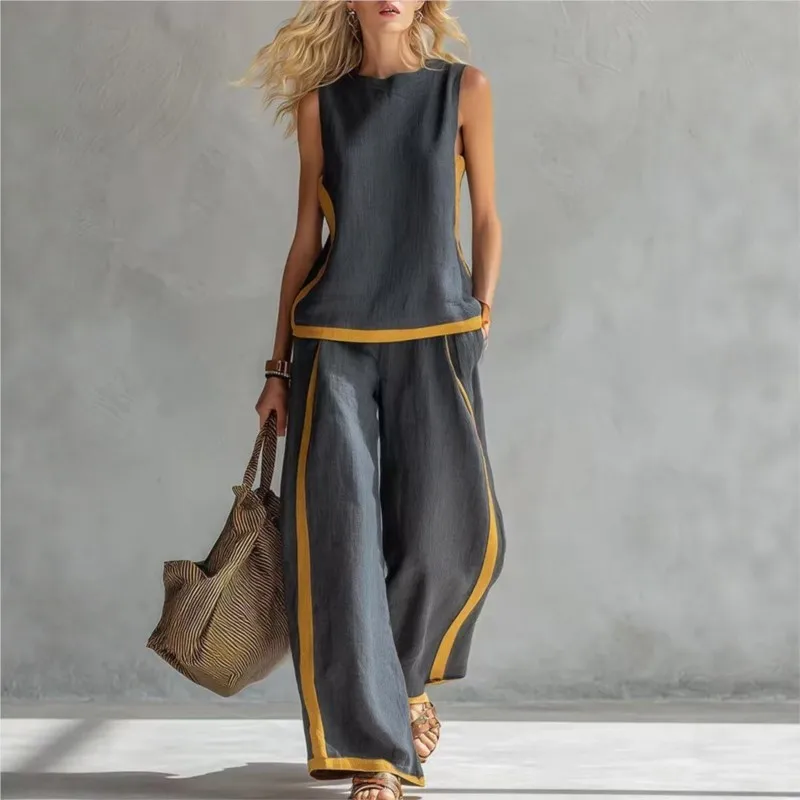 

Women's 2-piece Set 2026 New Sleeveless Contrast Wide Leg Pants Suit Summer Casual Fashion Two-piece Trendy Style Women Clothing