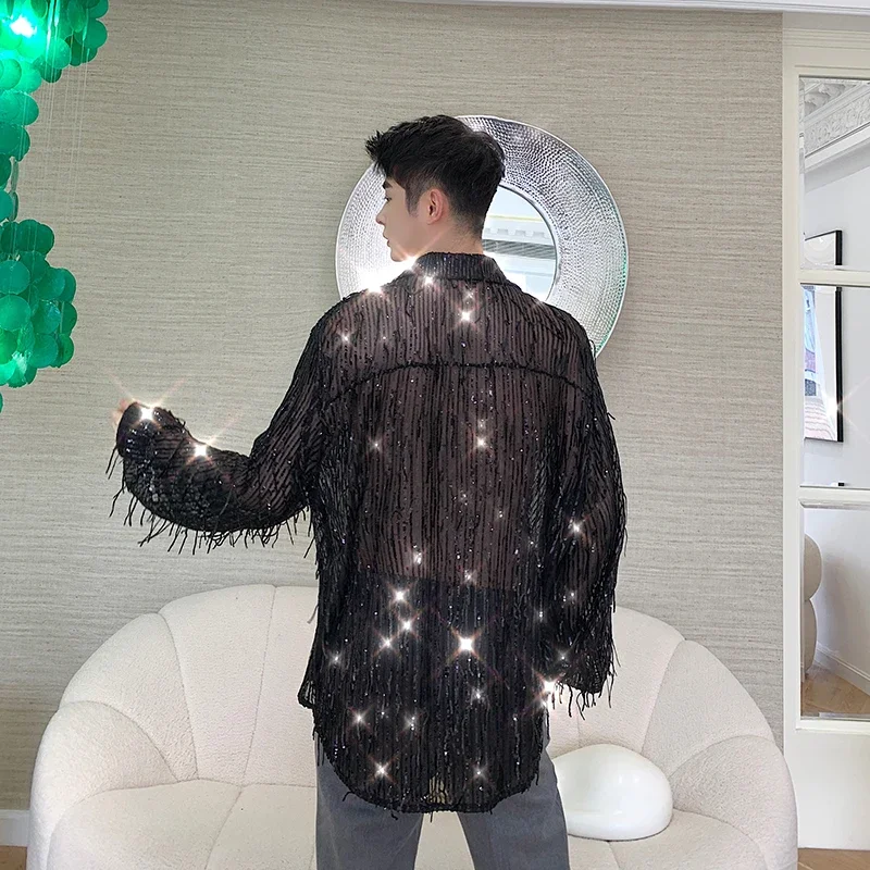 Men See Through Long Sleeve Casual Tassel Sequins Shirt Male Retro Oversized Streetwear Loose Dress Shirts Stage Show Clothing