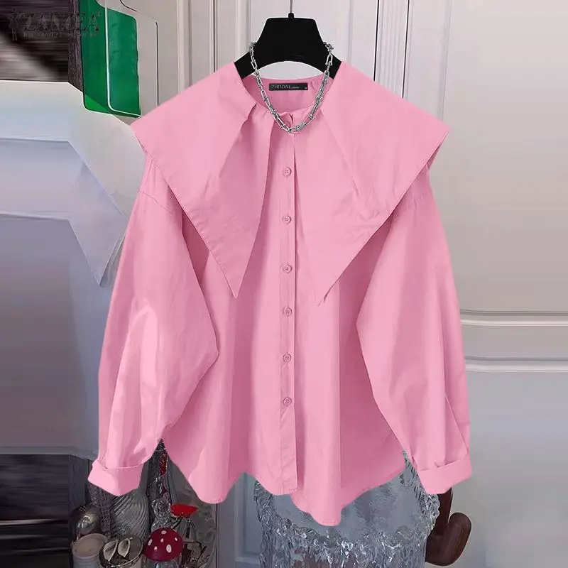 ZANZEA Women's French Vintage Long Sleeve Shirt Elegant Sailor Collar Oversized Shirts Spring Fashion Solid Color Woman Tops