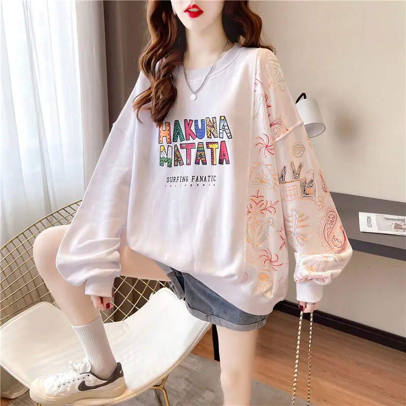 Spring Autumn Women's Spliced Printed Sweatshirts New Casual Round Neck Loose Long Sleeve Pullovers Tops Fashion Female Clothing