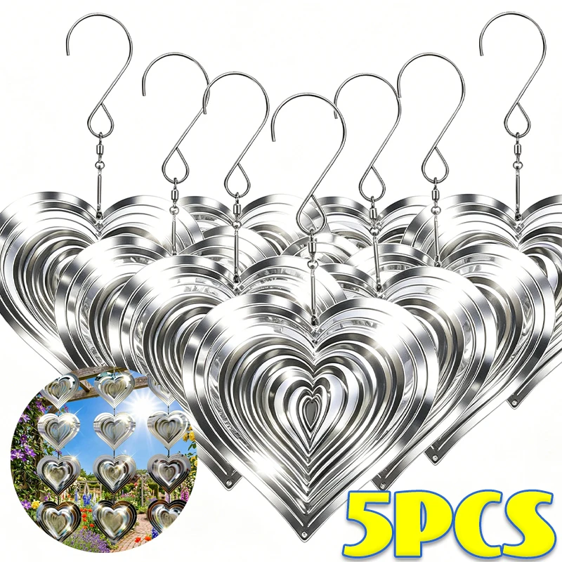 Stainless Steel Reflective Bird Repellent with Hook 3D Rotating Round Heart Wind Chime Bird Deterrent Farm Garden Hanging Decor