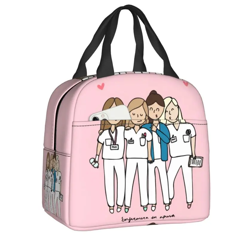 Cartoon Dames Verpleegkundige Arts Bedrukte Lunchtas Vrouwen Herbruikbare Koeler Thermisch Geïsoleerde Lunchbox Multifunctionele Food Bento Box