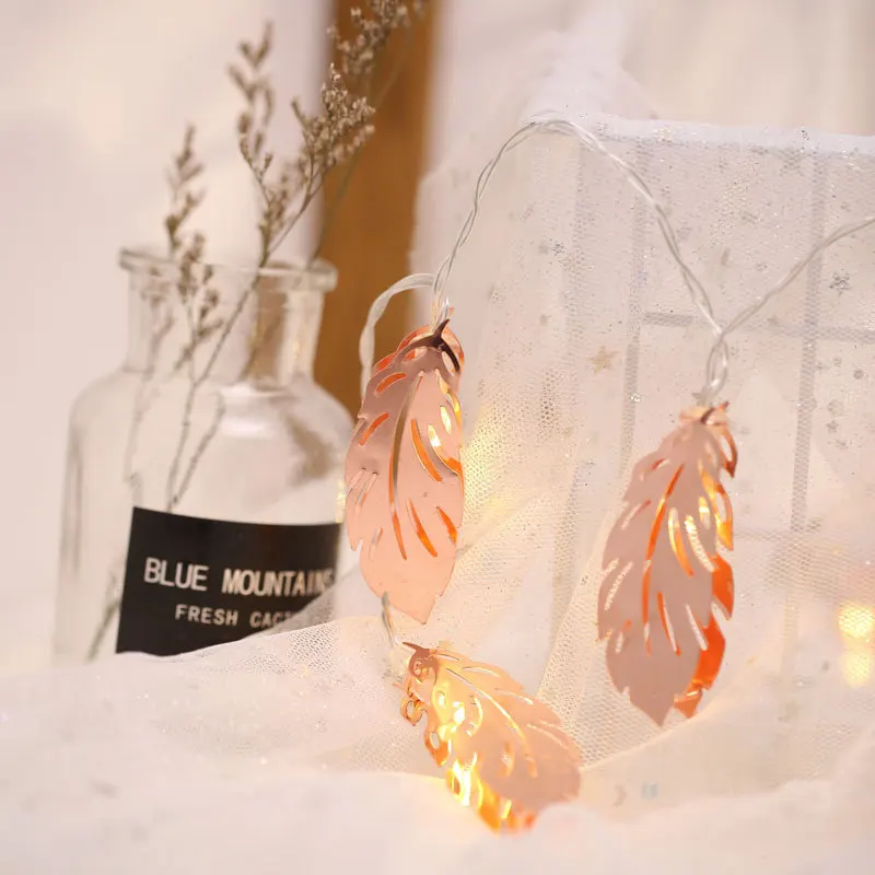 LED Ironwork Rose Gold Feather Lamp String, Garden Room Decoration, Festival Party