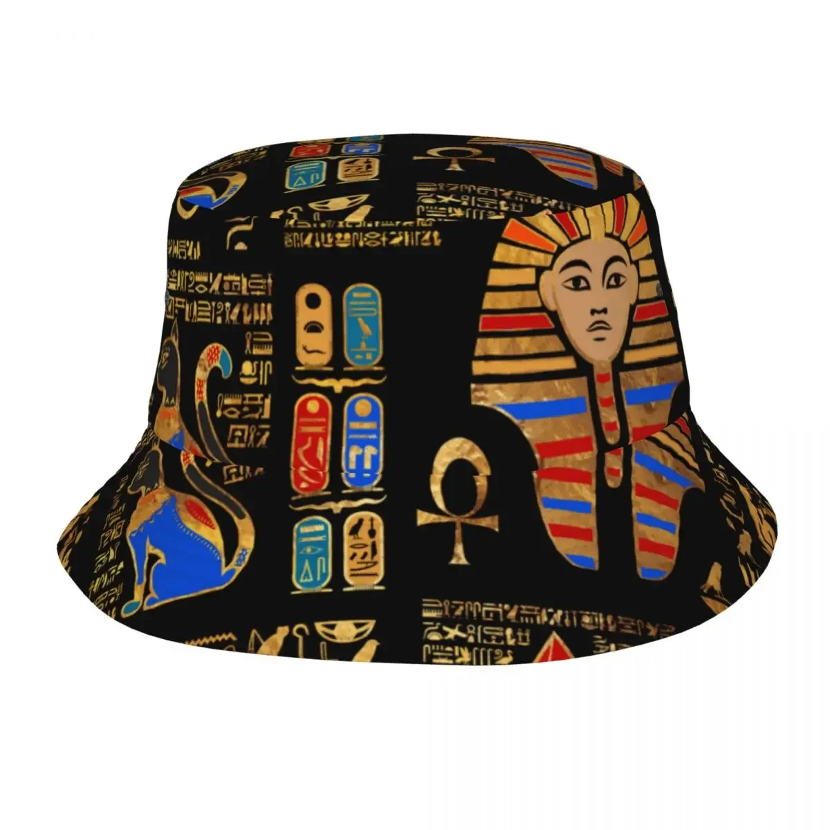 Egyptian Hieroglyphs And Deities On Black Bucket Hat for Summer Vocation Egypt Floppy Hat Bob Fishing Fisherman Hat Ispoti Cap