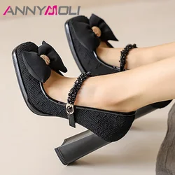 ANNYMOLI Women Pumps Platform Thick Super High Heels Square Toe Mary Janes Bow Crystal Buckle Party Spring Autumn Shoes Black