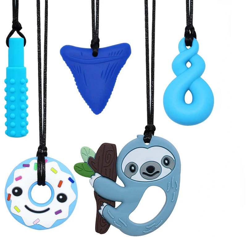 Collar sensorial para masticar para niños y niñas, juguetes de silicona con TDAH, autismo, ansiedad, dentición sensorial, 5 piezas por juego