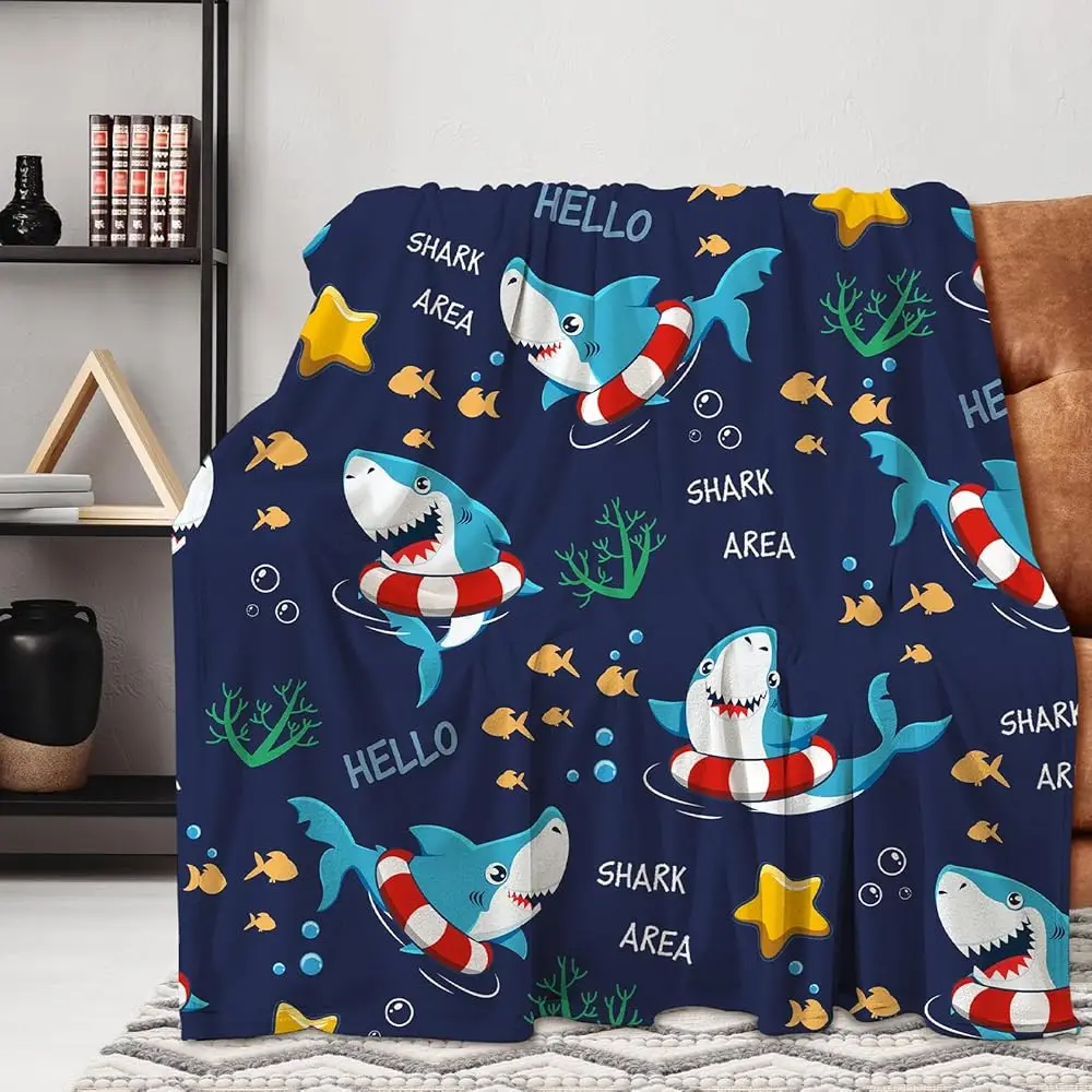 

Cartoon Shark Throw Blanket Lightweight Flannel Throw Classic Shark Soft Comfy Plush Blanket For Home Decor Perfect For Sofa