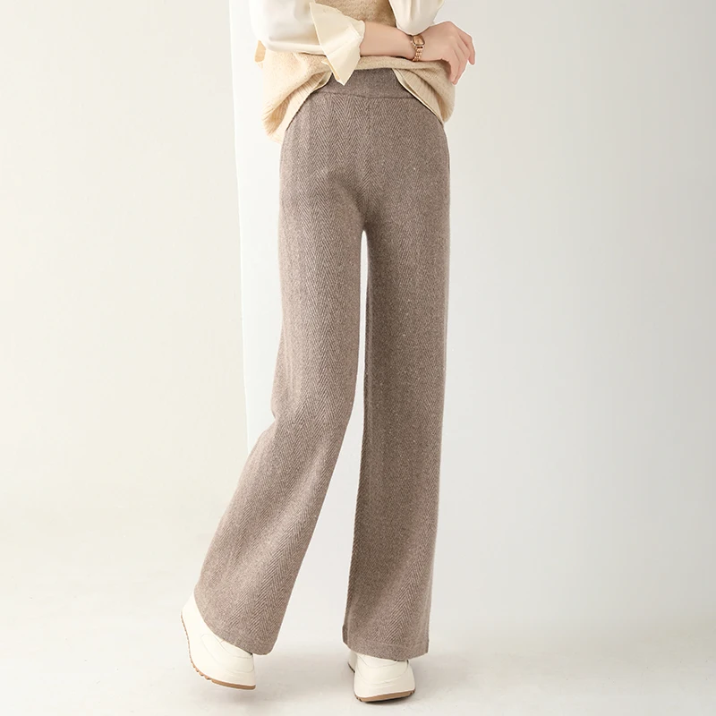 

Women Wool Wide Leg Pants Elastic Waist Threaded Pattern Trousers Autumn Winter 100% Merino Wool Trousers Knit Soft Warm Pants