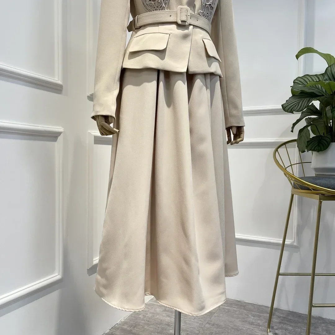 Elegant Lady 2022 Top Quality New Autumn Beige Fit Cut Notched Collar Embroidery Patchwork Pleat False Midi Dresses Women