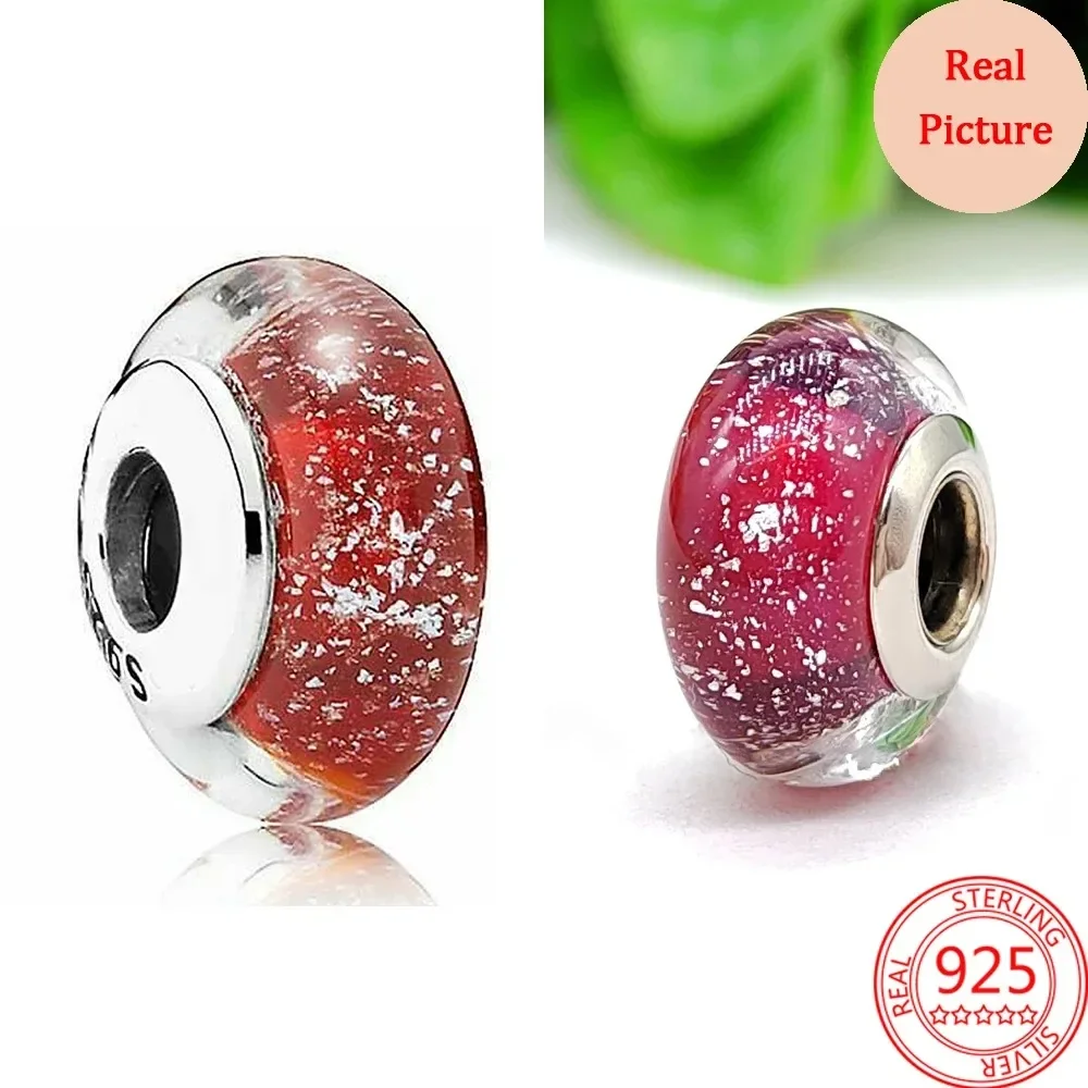 Cuentas de cristal de Murano para pulsera Pandora, Plata de Ley 925 Original, flor y hoja, arcoíris cósmico, joyería artesanal para mujer