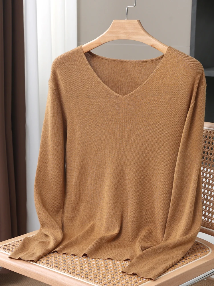 2024 New Women's V-neckBasic Pullover Sweater For Spring Summer Thin Soft Loose Long Sleeve Shirt 30% Merino Wool Knitwear Tops
