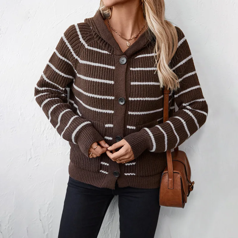 المألوف فضفاض متماسكة مقنعين سترة مخططة سترة المرأة الخريف طويلة