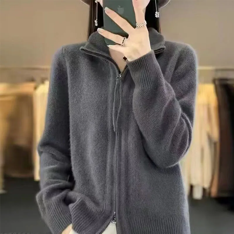 Autumn And Winter New Temperament Double Zipper Wool Knit Cardigan Women's Solid Color Long-Sleeved Sweater Thickened Loose Top