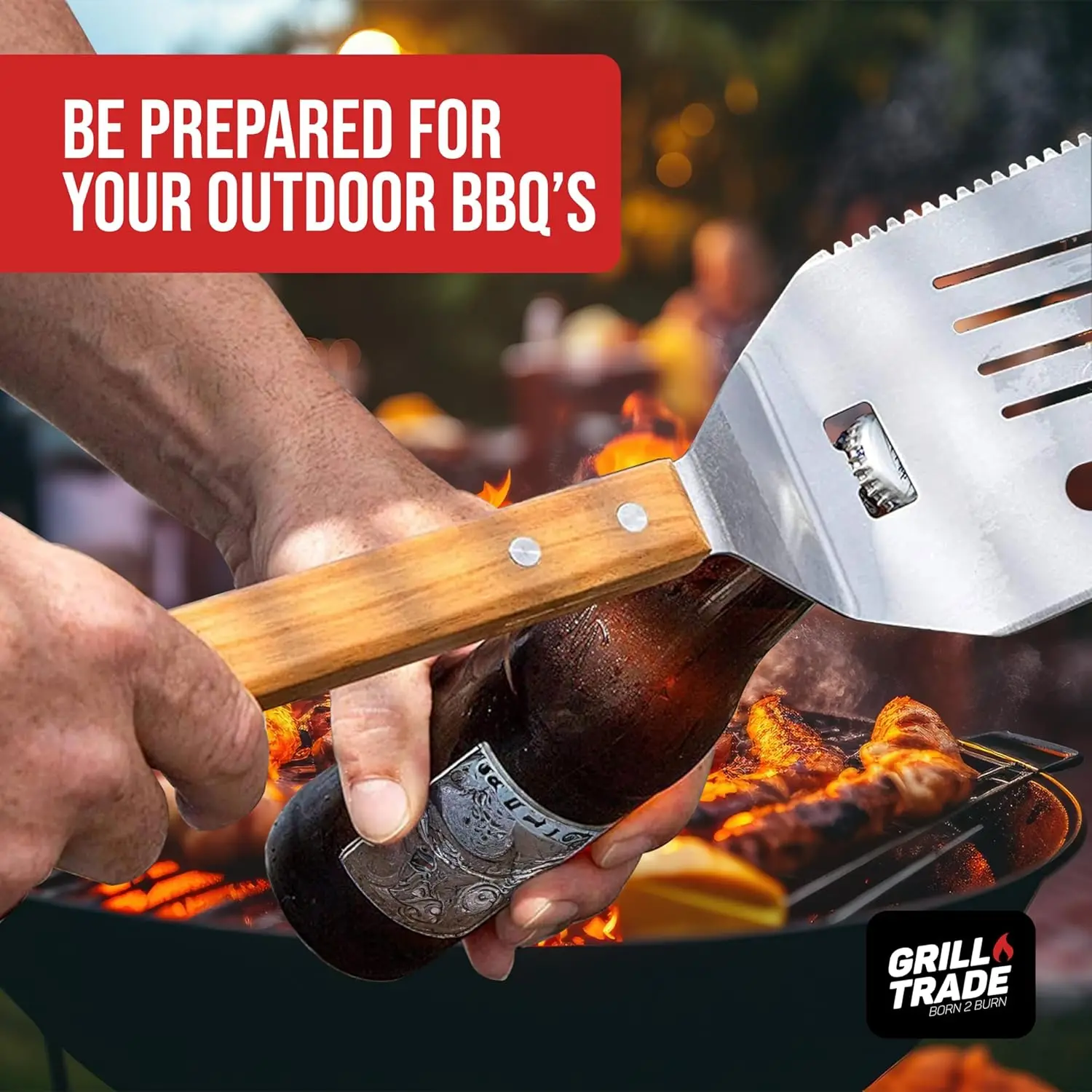 5-in-1 Grill Spatula with Knife, Fork, Tenderizer, Bottle Opener & Turner - 19' Wooden Handle BBQ Tool