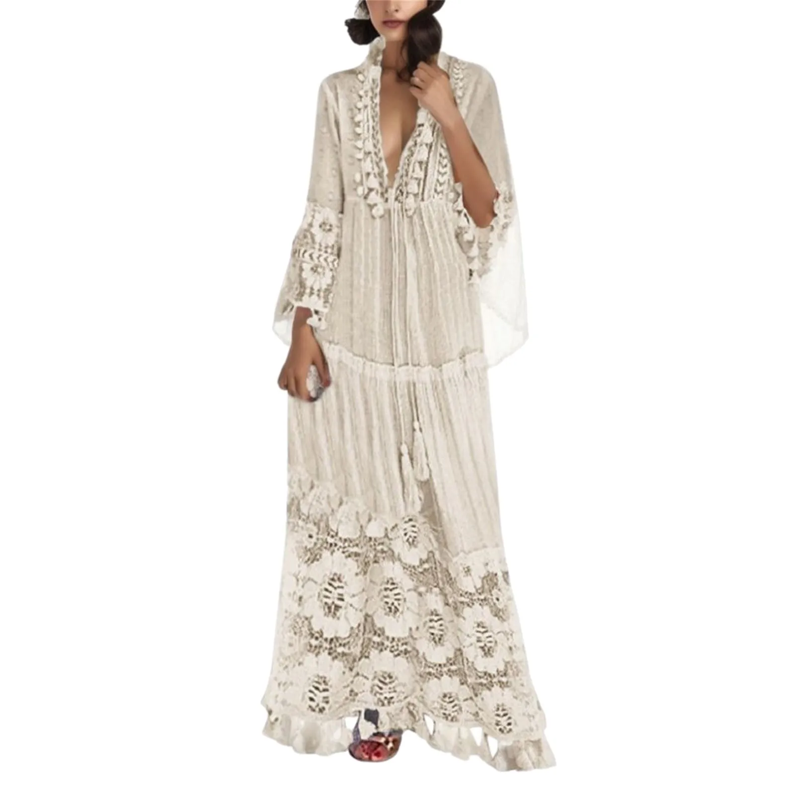 Ladies Bohemian V-Neck Tassel Large Size Casual Dress Women Lace Solid Fashion Maxi Dress Elegant Robe Boho Holiday Long Dresses