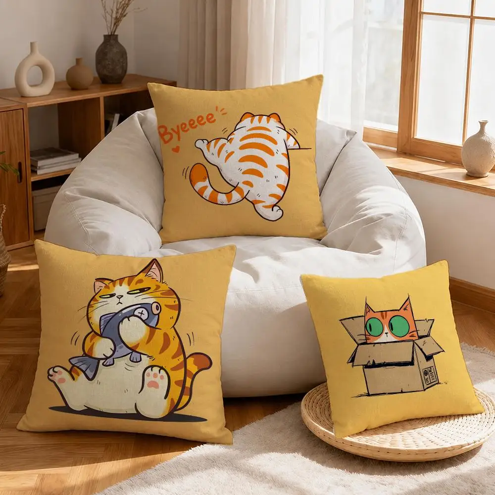 Art Orange Cat Cushion Cover Linen Anti-Mite Antibacterial Cushion Cover Invisible Zipper Sofa Decor