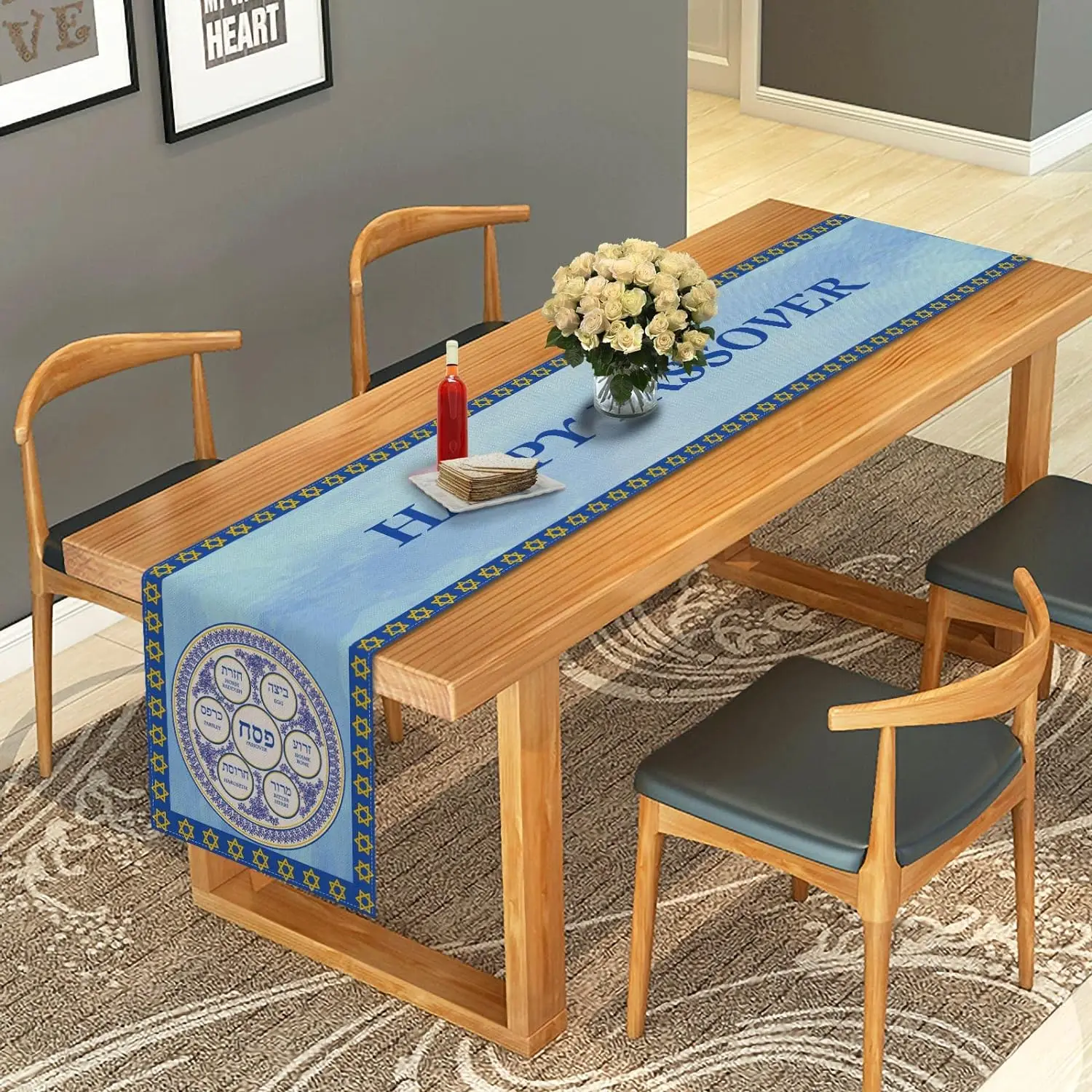 Happy Linen Passover Table Runner Holiday Party Decor Rustic Jewish Pesach Festival Home Kitchen Dining Table Runners Decoration